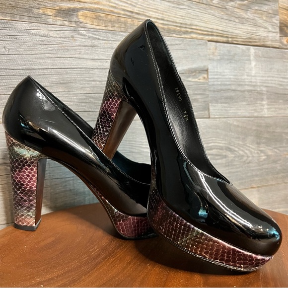 Platform Donald Pliner Black Patent Leather Snake Print Heel - Picture 6 of 16